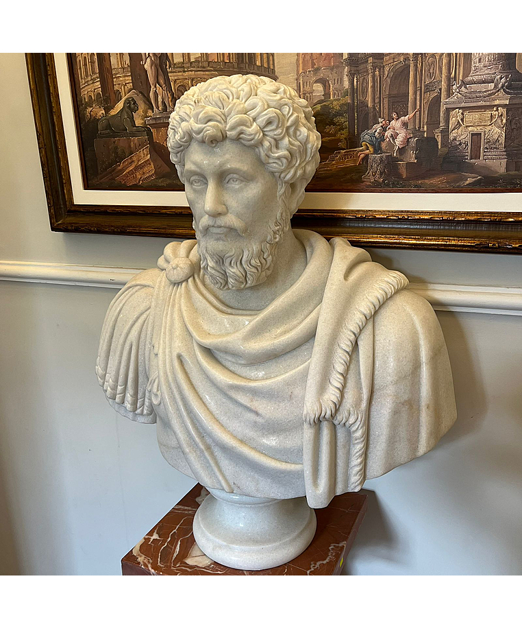 imagem do produto Busto Marco Aurélio em Mármore Branco 80cm BMP047 Elegância Atemporal