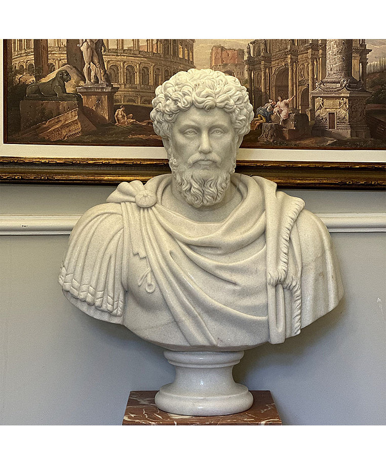 imagem do produto Busto Marco Aurélio em Mármore Branco 80cm BMP047 Elegância Atemporal