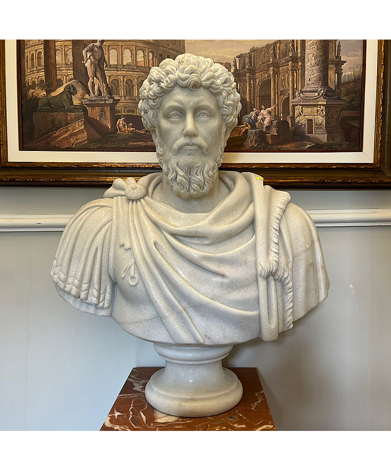 imagem do produto Busto Marco Aurélio em Mármore Branco 80cm BMP047 Elegância Atemporal