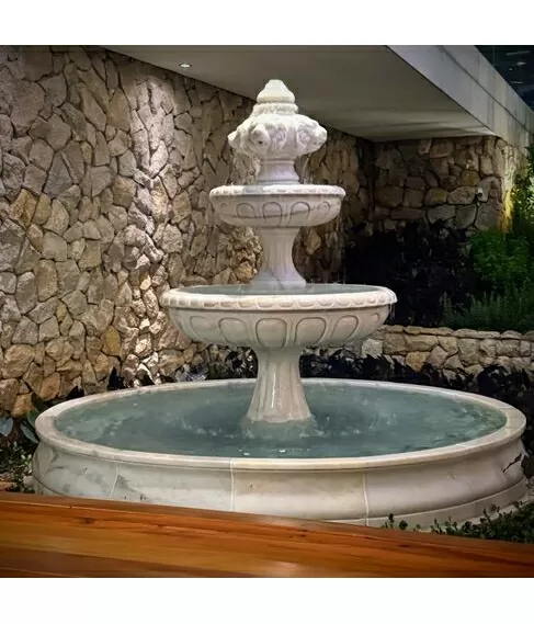 imagem de Chafariz de Mármore Branco com 2 pratos e Lago - FMP353 230cm Altura