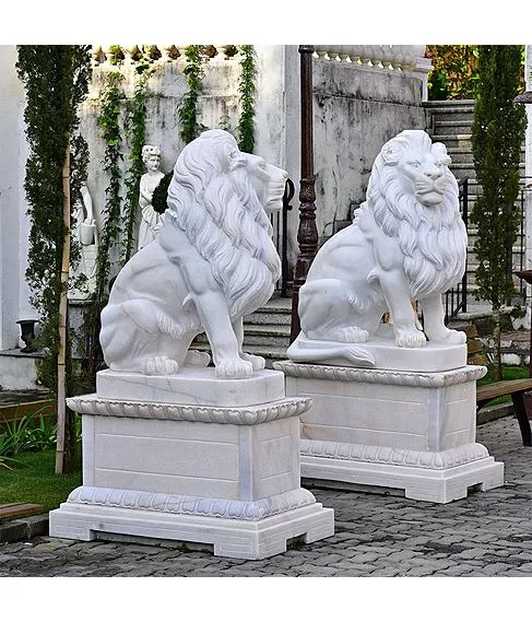 imagem de Escultura Leão Sentado em Mármore Branco 120cm EMP510 Elegância Clássica