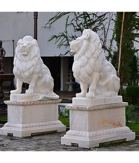 imagem de Escultura Leão Sentado em Mármore Branco 120cm EMP510 Elegância Clássica