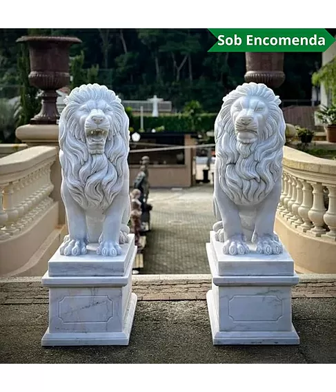 imagem de Par de Leões em Mármore Branco 155cm EMP703 Presença e Sofisticação