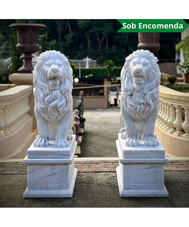 imagem do produto Par de Leões em Mármore Branco 155cm EMP703 Presença e Sofisticação