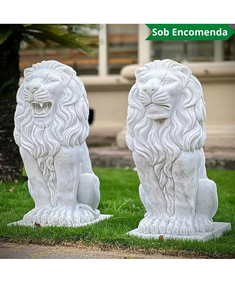 imagem do produto Par de Leões em Mármore Branco 90cm EMP705 Elegância e Proteção Clássica