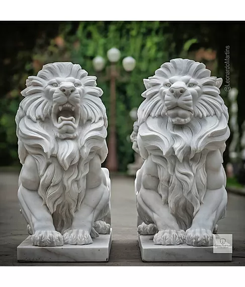 imagem de Par de Leão Sentado 140cm Mármore Branco EMP462 Elegância e Sofisticação