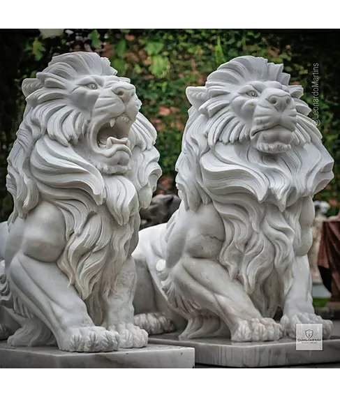 imagem de Par de Leão Sentado 140cm Mármore Branco EMP462 Elegância e Sofisticação