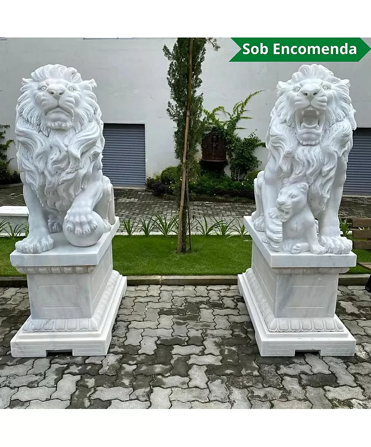 imagem do produto Par de Le�es com Filhote 180cm em M�rmore Branco com Base - EMP452
